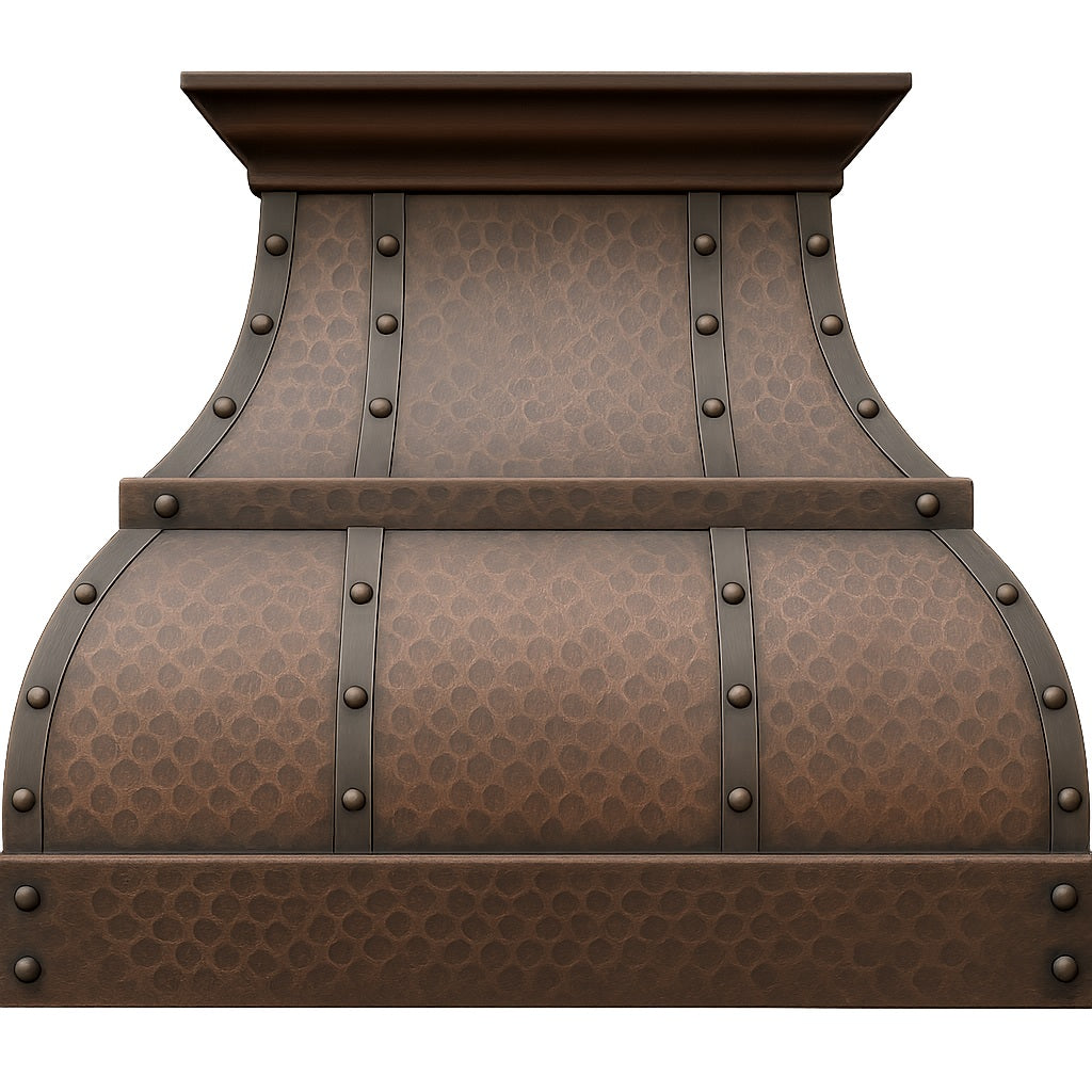 Hammered copper range hood with riveted straps and mid-band