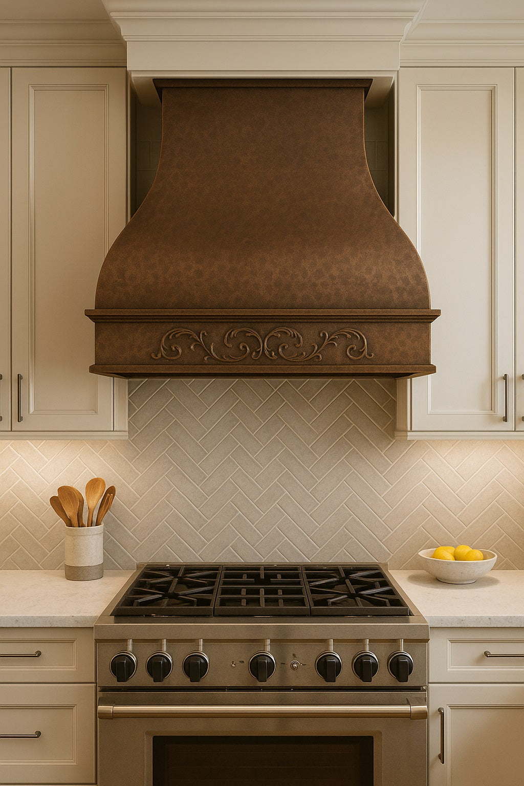Hammered copper range hood with decorative scrollwork apron in a transitional style kitchen