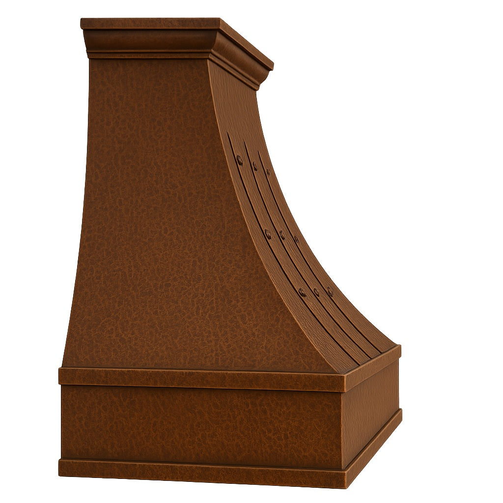 Hammered copper range hood with vertical riveted straps, side view