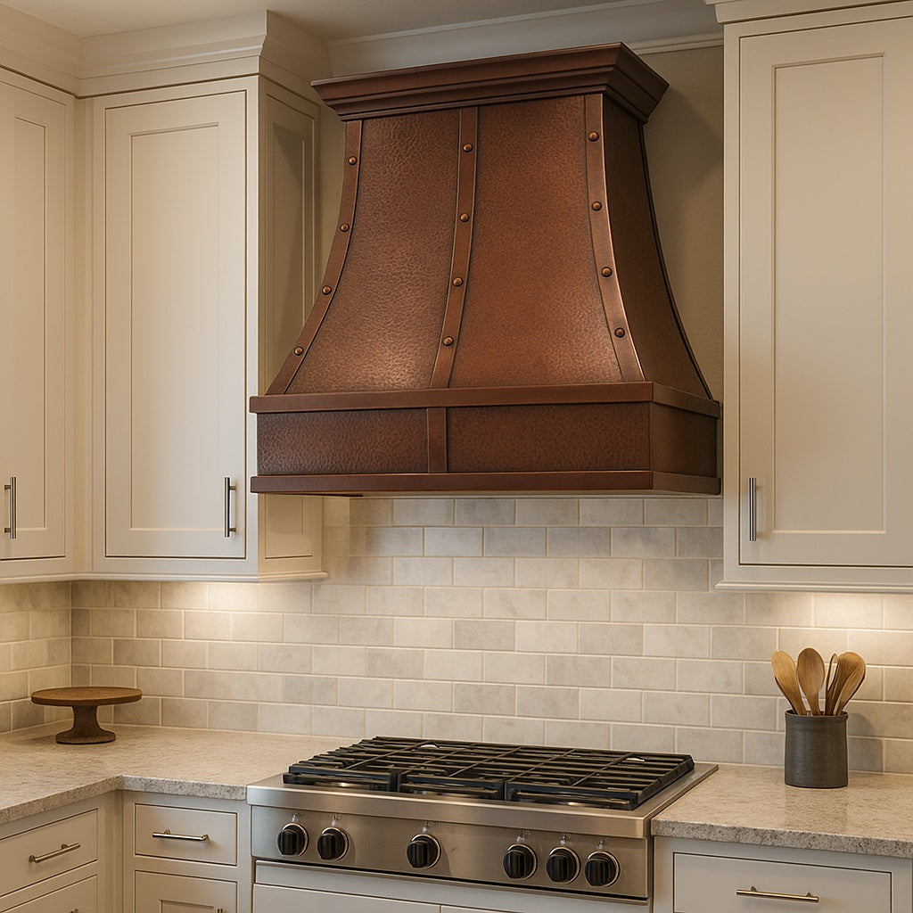 Transitional kitchen furnished with hammered copper range hood with vertical riveted straps