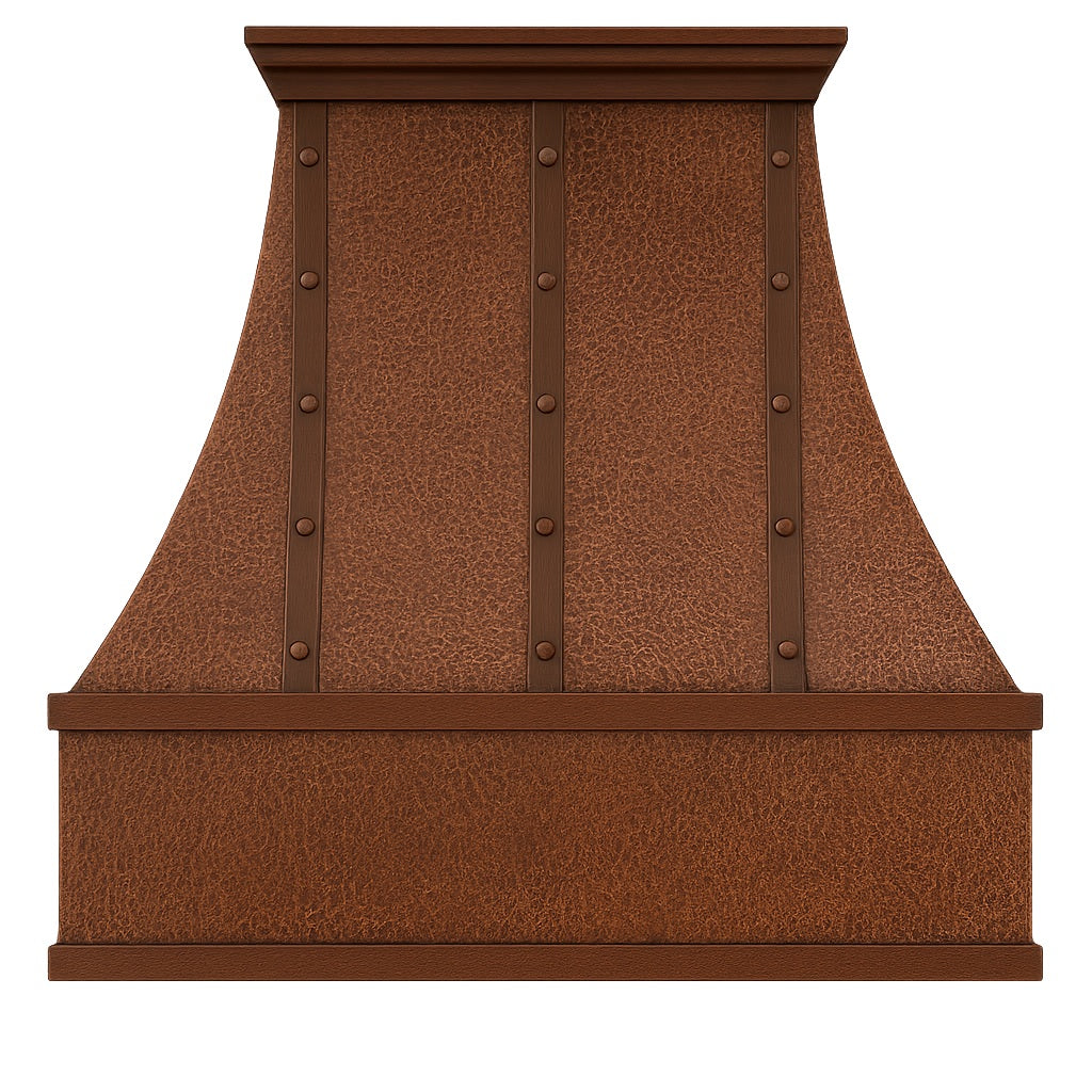 Hammered copper range hood with vertical riveted straps seen from the front