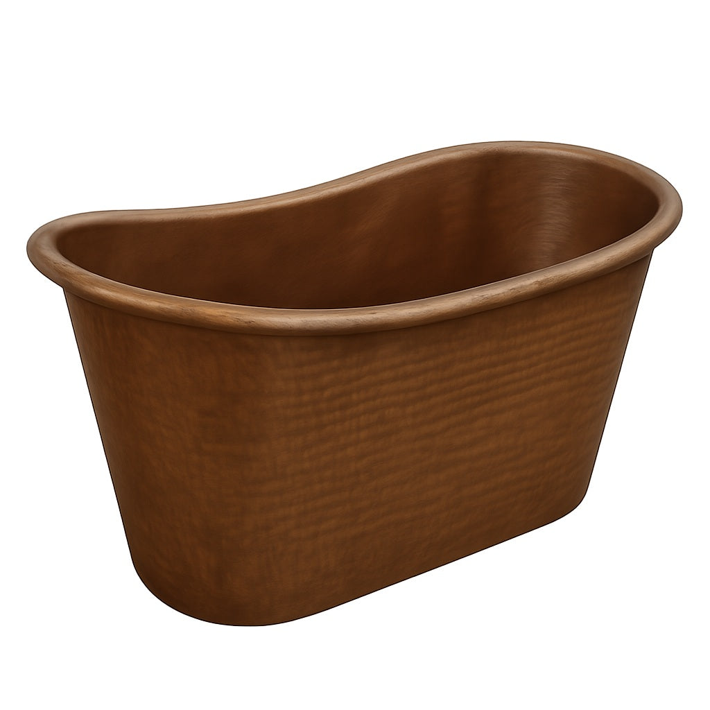 Hammered double slipper copper bathtub, view from angle