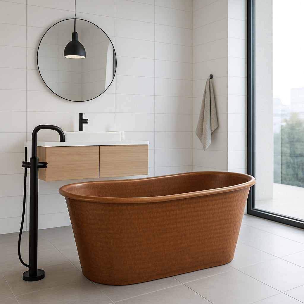 Hammered double slipper copper bathtub in a contemporary bathroom