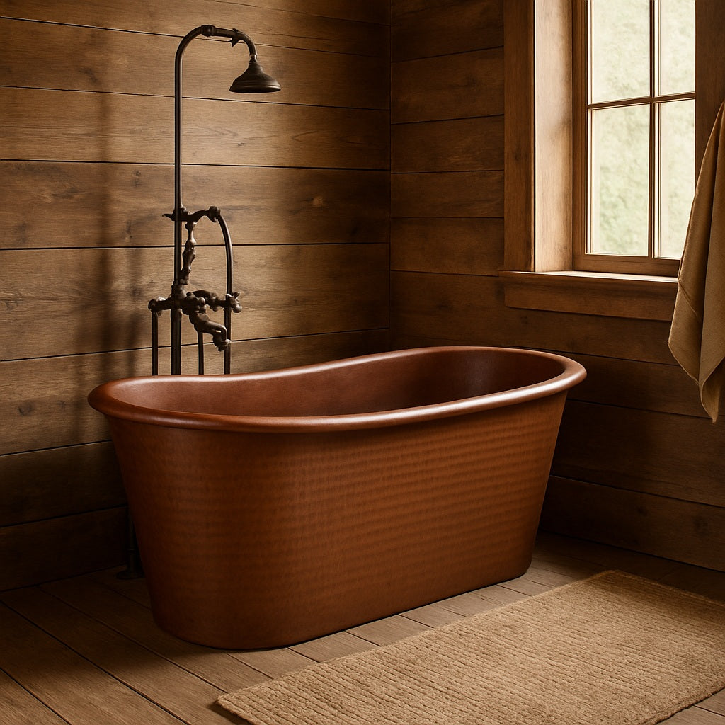 Hammered double slipper copper bathtub in a rustic bathroom