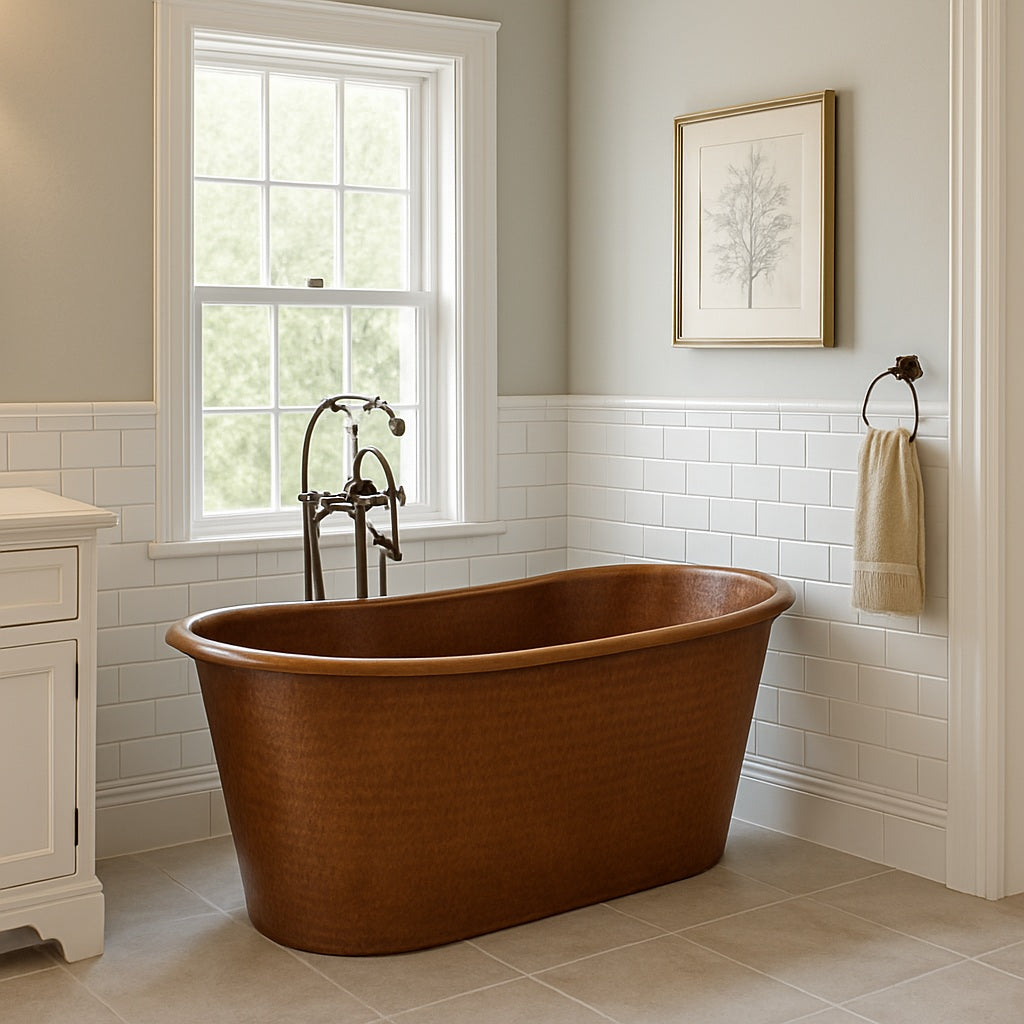 Hammered double slipper copper bathtub in a transitional bathroom