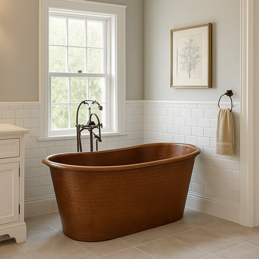 Hammered double slipper made copper bathtub in a transitional bathroom