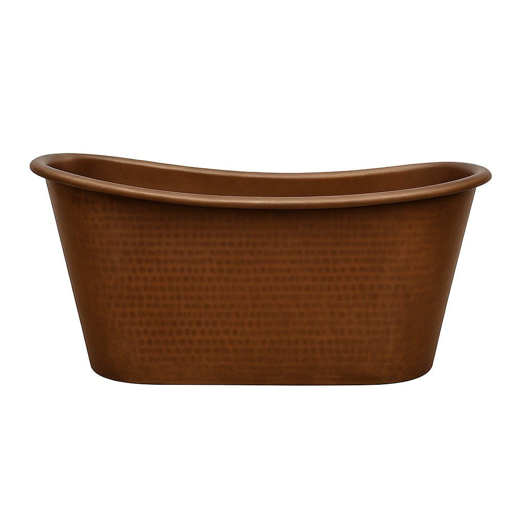 Hammered double slipper copper bathtub, side view