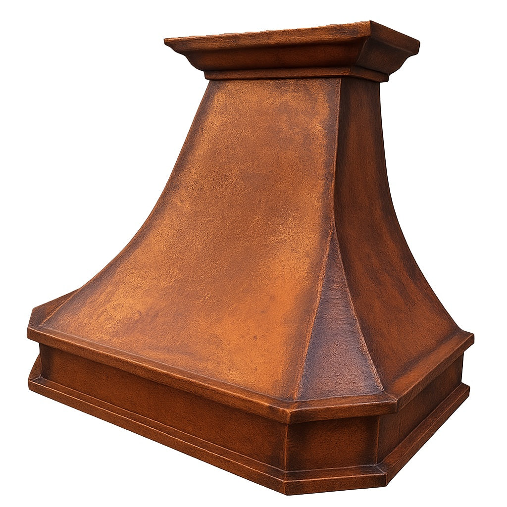 Hammered hacienda copper range hood with bold apron side view