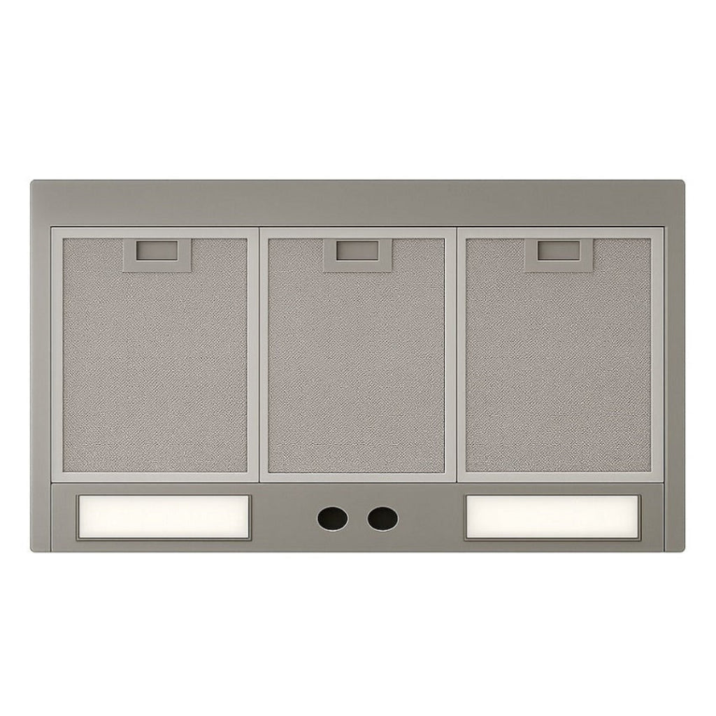 Hammered copper range hood with vertical riveted straps, 200 CFM insert with two speed fan, light and filters