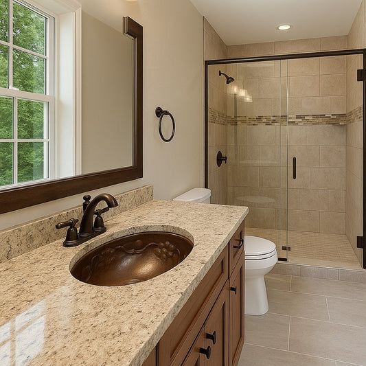 Large oval hammered copper drop-in bathroom sink with decorative relief