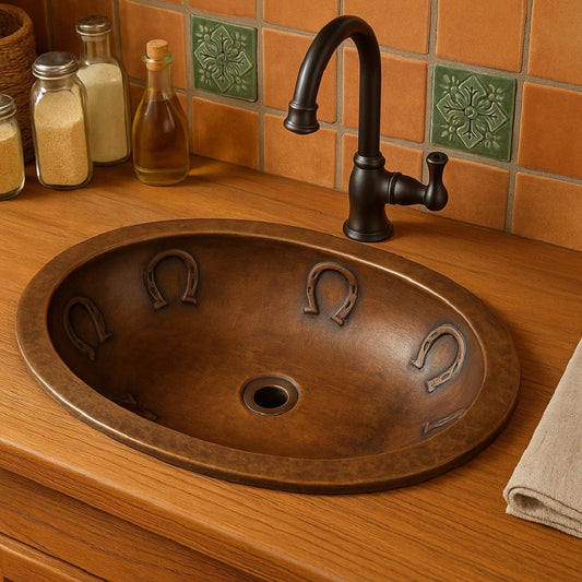 Custom oval copper drop in or undermount sink with horseshoe reliefs in a rustic bathroom with wooden counter and handmade ceramic tiles