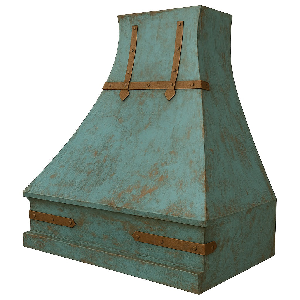 Oxidized copper range hood with bronze straps and rustic patina detailed view of finish and straps