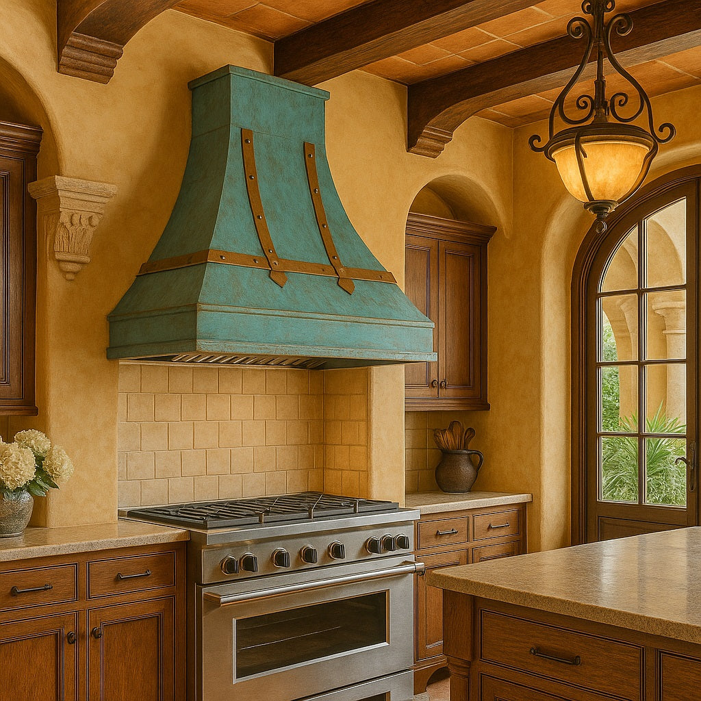 Oxidized copper range hood with bronze straps and rustic patina in a Spanish revival style kitchen