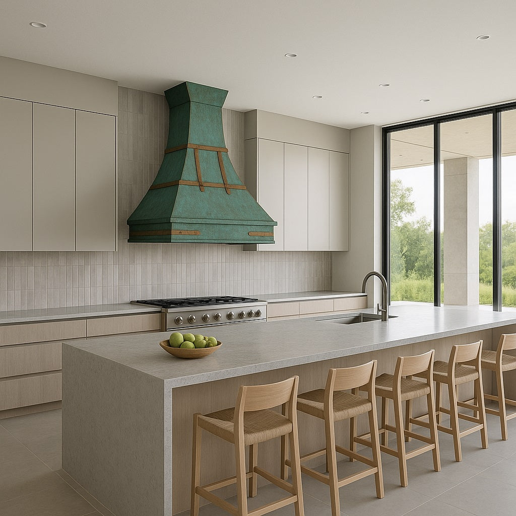 Oxidized copper range hood with bronze straps and rustic patina in a modern style kitchen