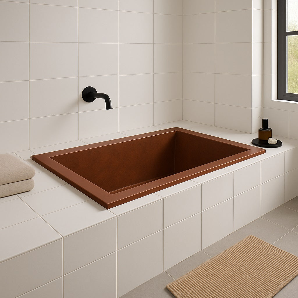Rectangular drop-in copper bathtub with modern design in a contemporary bathroom settings