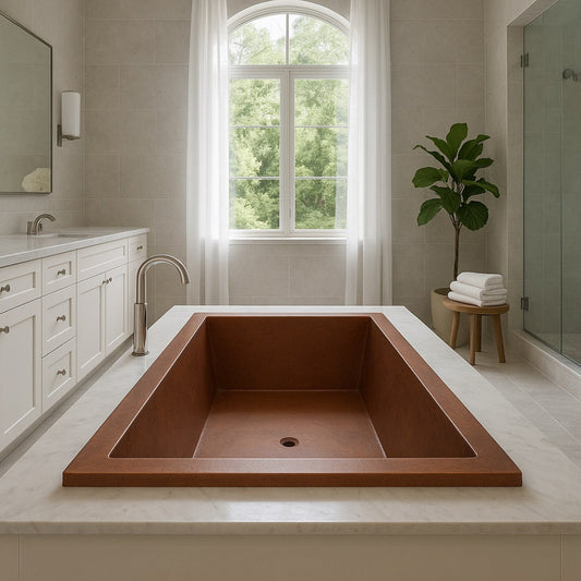 Rectangular drop-in made copper bathtub with modern design in spa settings