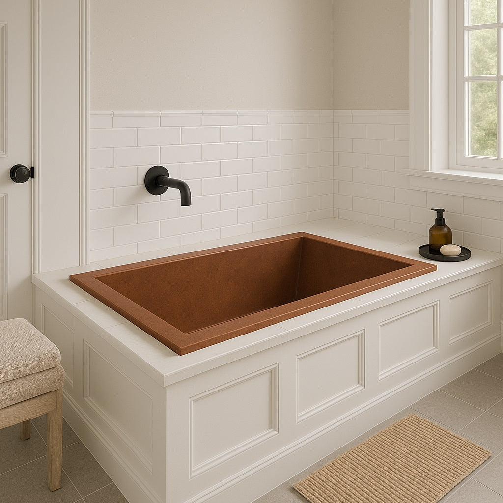 Rectangular drop-in copper bathtub with modern design in a transitional bathroom