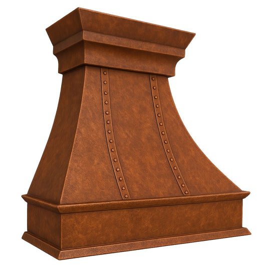 Riveted flared made copper range hood with crown molding design blending architectural refinement with handcrafted copper artistry