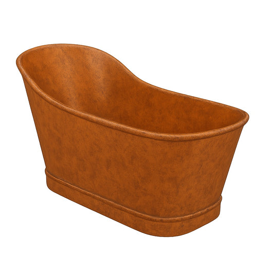 Single slipper copper bathtub with antique patina finish, angled view