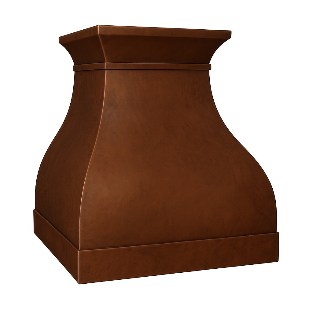smooth bell-shaped copper range hood with flared crown design, view from angle
