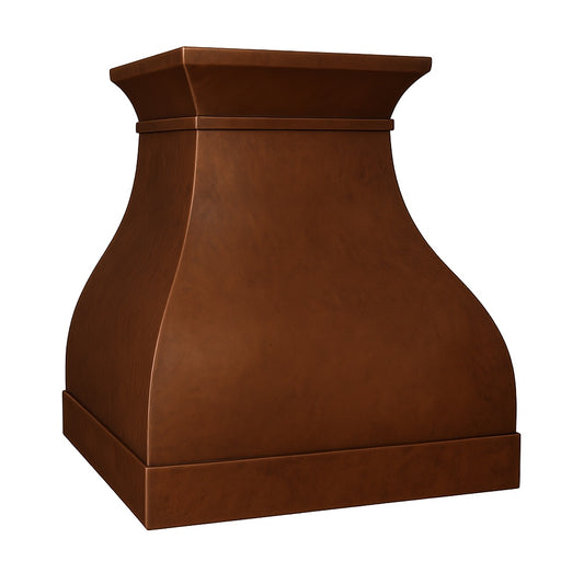 smooth bell-shaped copper range hood with flared crown design, view from angle