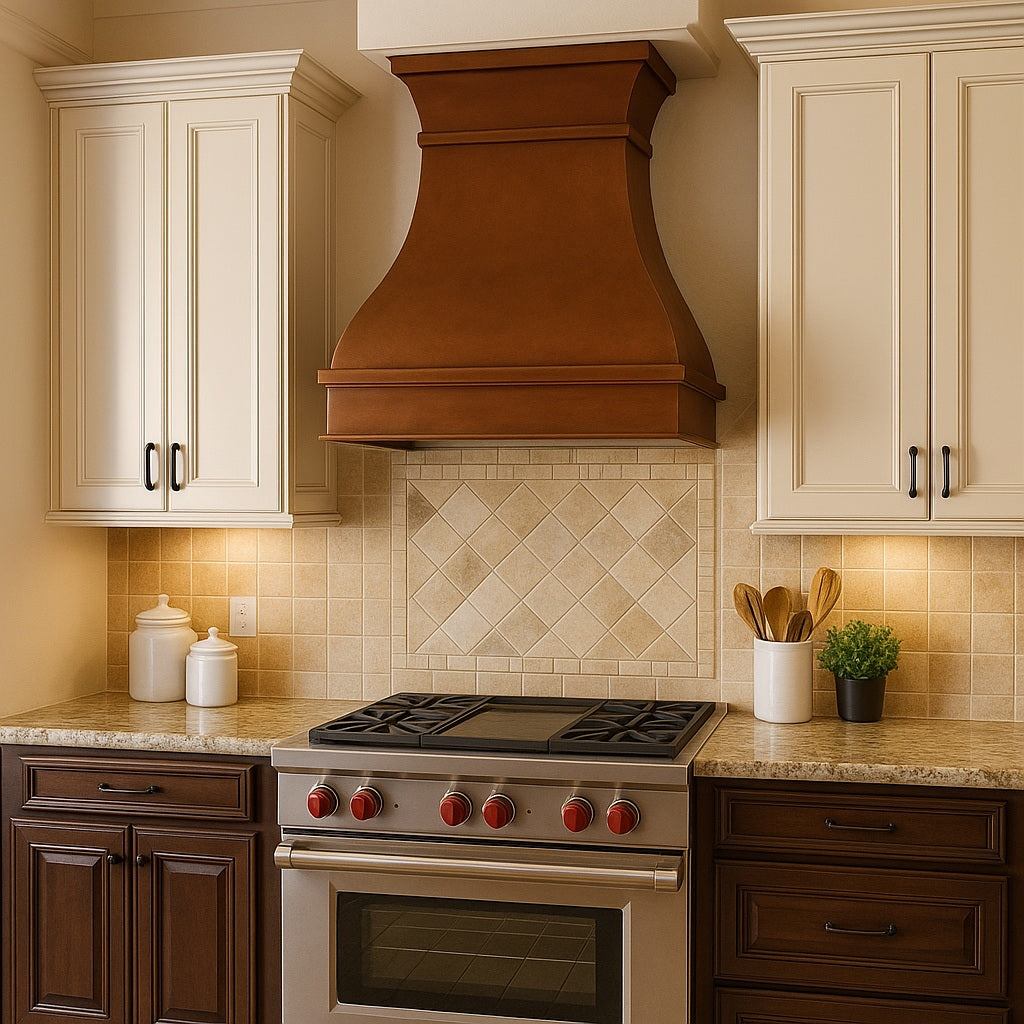 Traditional kitchen with a smooth bell-shaped copper range hood with flared crown design, stove, and cabinets