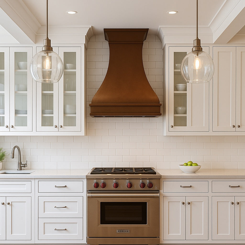 Smooth bell-shaped copper range hood with flared crown design in transitional style kitchen