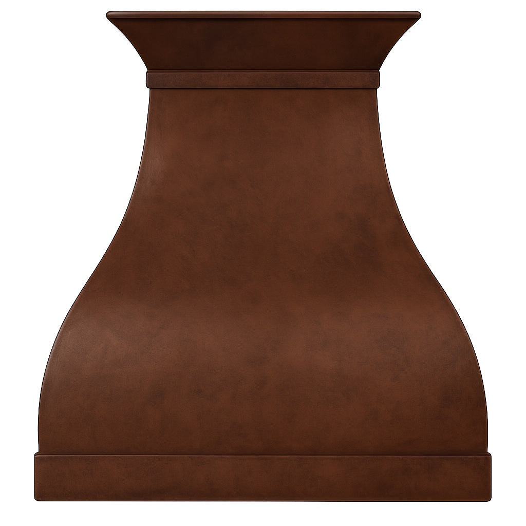 Smooth bell-shaped copper range hood with flared crown design