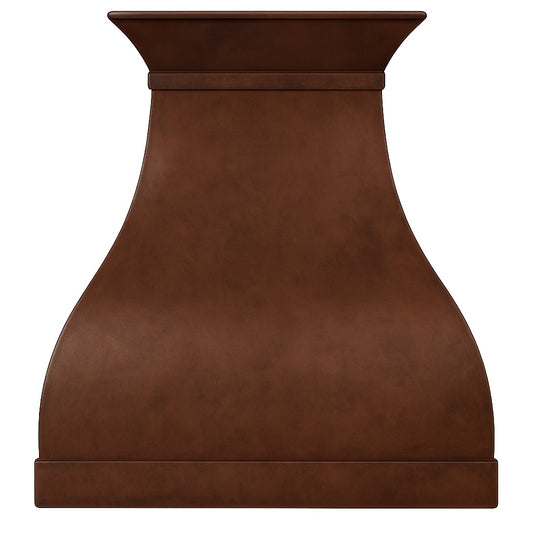 Smooth bell-shaped copper range hood with flared crown design