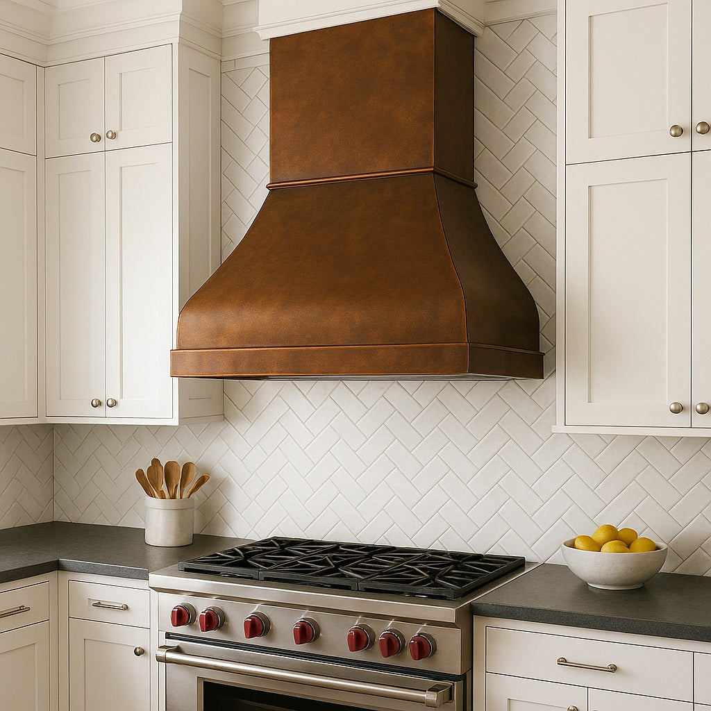 Handcrafted soft hammered copper range hood design in a transitional style kitchen