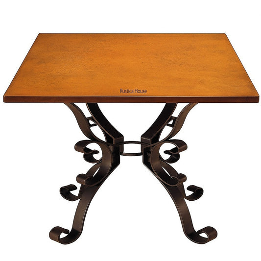Square copper table with multi scroll forged iron pedestal and ring support, hammered top with warm patina and decorative base