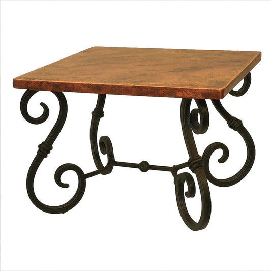 Square handcrafted copper table with Spanish Colonial iron stand, hammered top with warm patina and ornate forged base