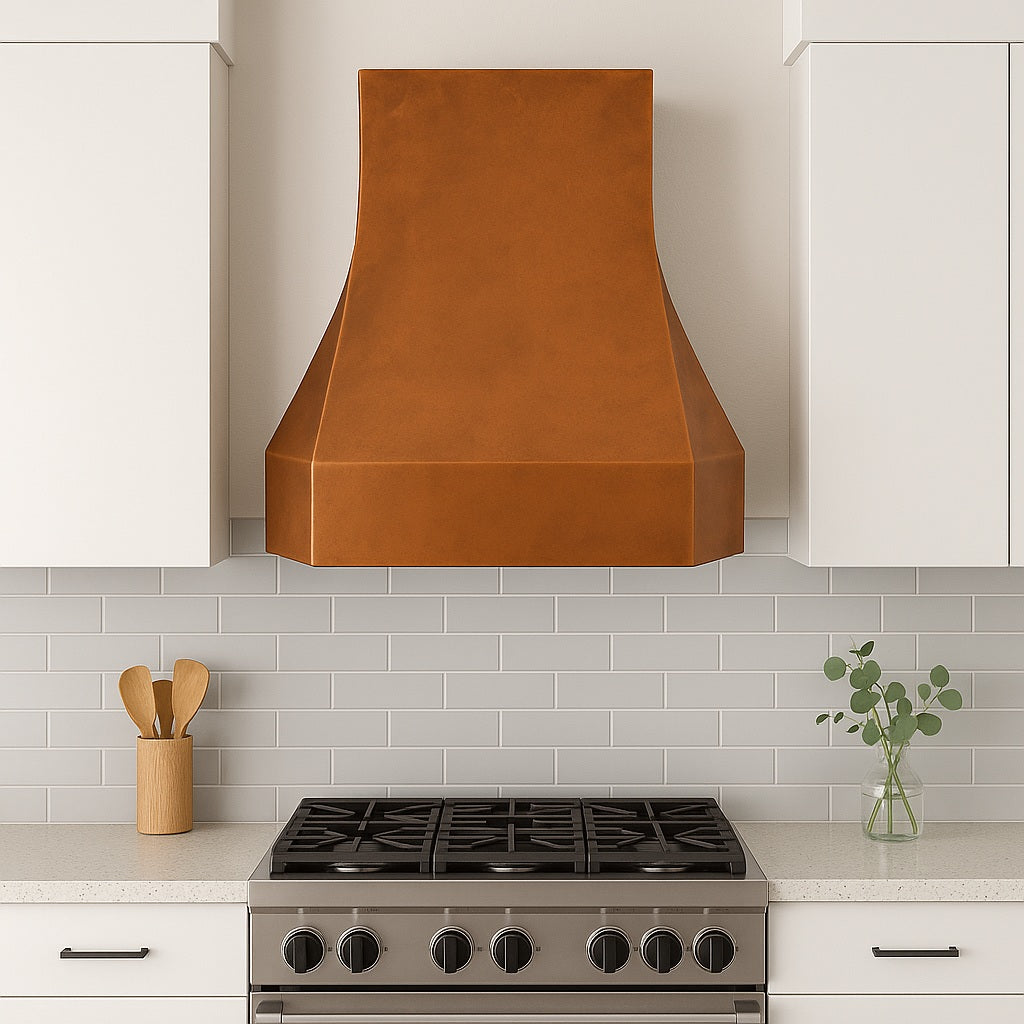 Modern tapered copper range hood with smooth patina finish in a contemporary kitchen settings