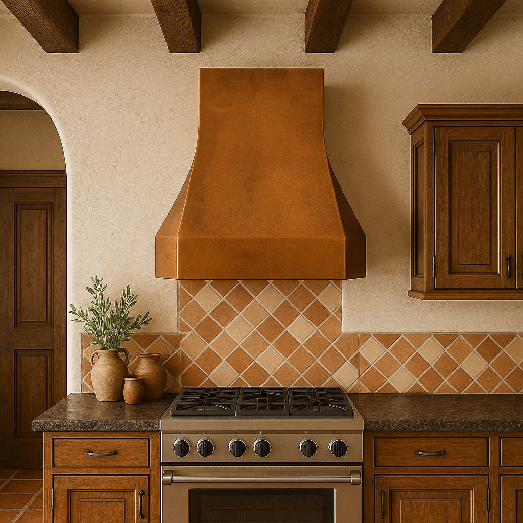 Modern tapered copper range hood with smooth patina finish in a Spanish mission style kitchen