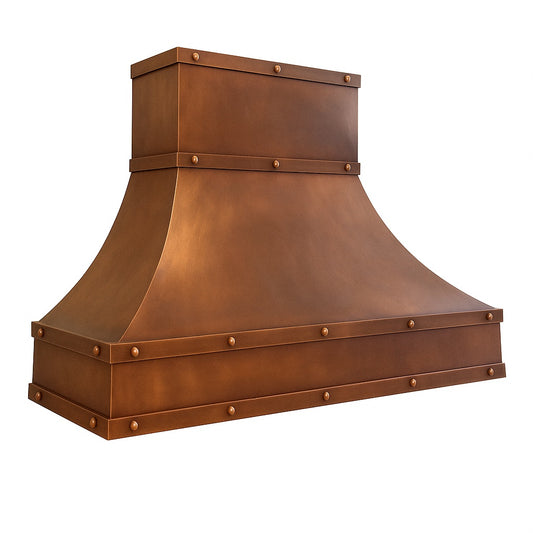 Transitional rustic smooth copper range hood with straps, side view