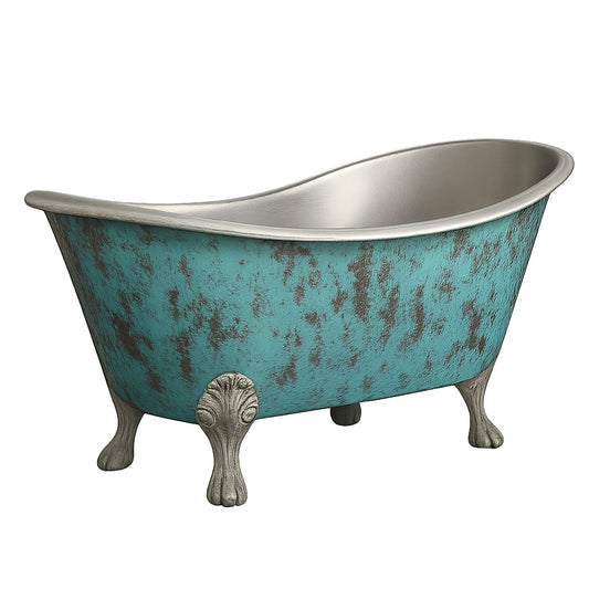 Turquoise patina clawfoot copper bathtub with tin interior, side view