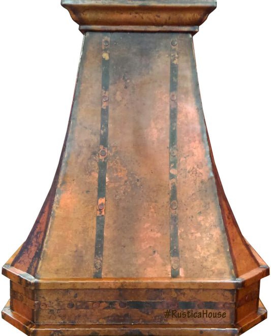copper kitchen hood with vertical straps and crown molding