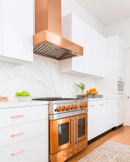 copper range hood and stove