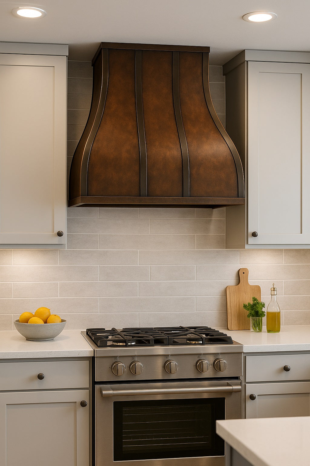 28-inch curved copper range hood with dark trim accents