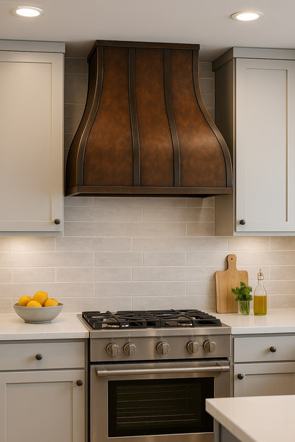 28-inch curved copper range hood with dark trim accents