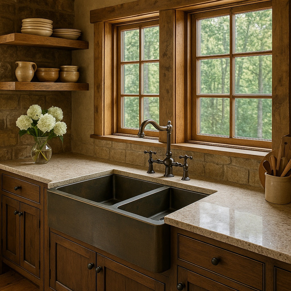 28-inch custom apron copper kitchen sink with larger left bowl and smaller right bowl 