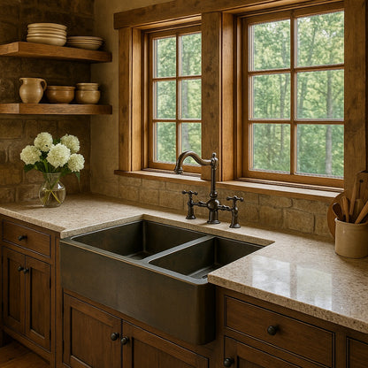 28-inch custom apron copper kitchen sink with larger left bowl and smaller right bowl 