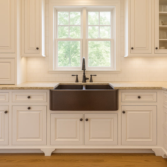 28-inch custom made apron front double bowl copper kitchen sink