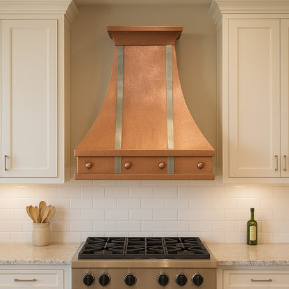 30-inch hammered copper range hood with metal straps