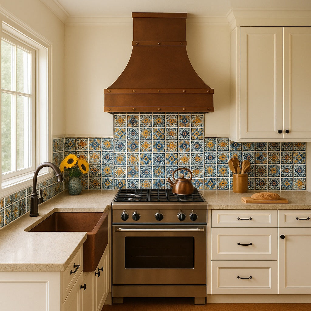 Transitional rustic smooth copper range hood with straps installed in kitchen