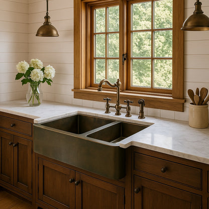 33-inch custom apron copper kitchen sink with larger left bowl and smaller right bowl 