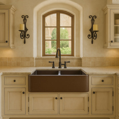 33-inch custom made apron front double bowl copper kitchen sink