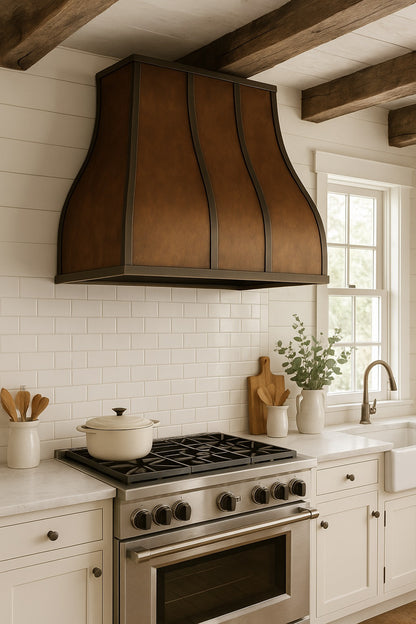 36 inch curved copper range hood with dark trim accents