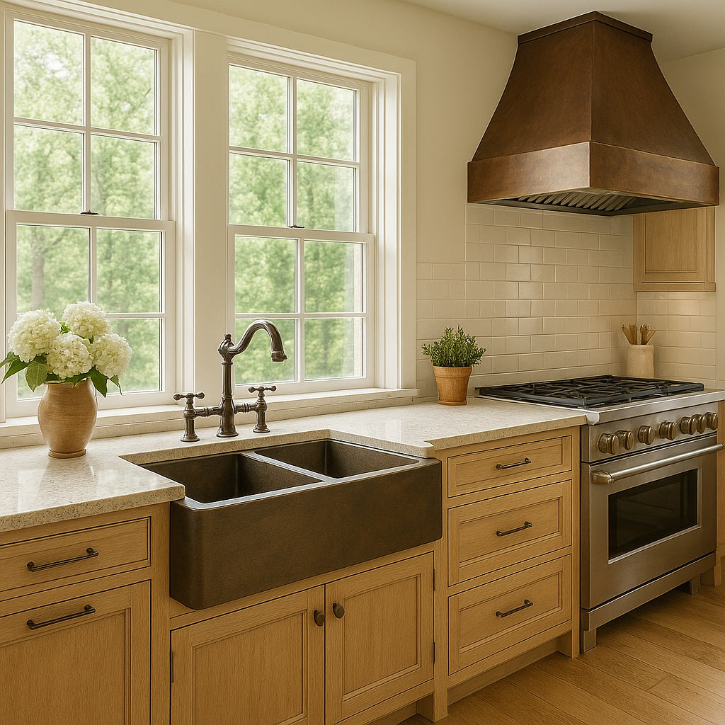 36-inch custom apron copper kitchen sink with larger left bowl and smaller right bowl 