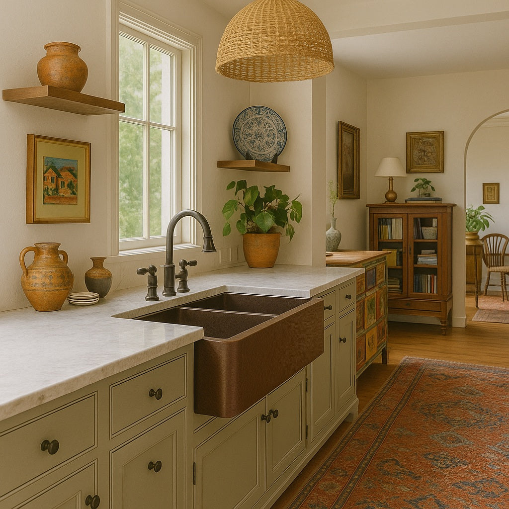 36-inch custom made apron front double bowl copper kitchen sink